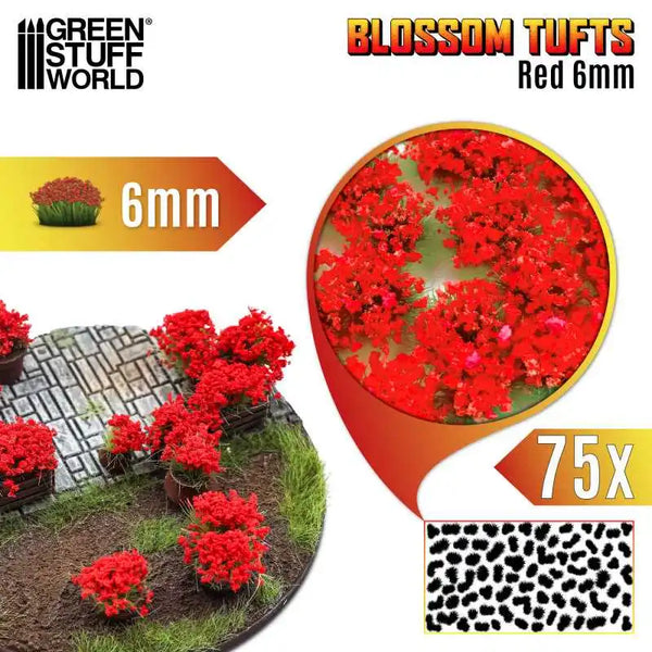 Blossom TUFTS - 6mm self-adhesive 75x- RED Flowers 13002
